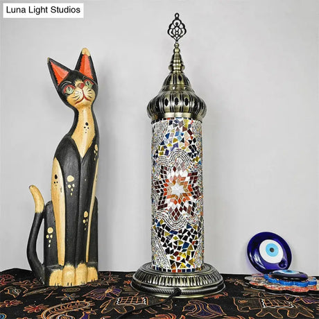 Stained Glass Cylinder Bedroom Table Lamp With Led Night Light - Traditional Design In