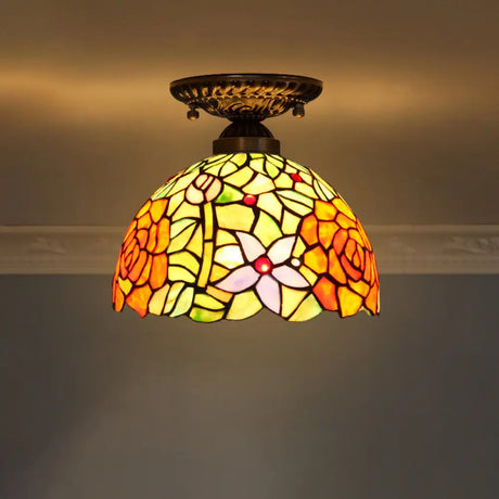 Stained Glass Dome Shade Semi Flush Mount Ceiling Light - Decorative 1 - Light Yellow