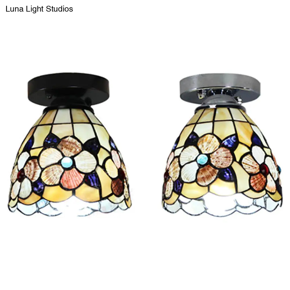 Stained Glass Flower Pattern Ceiling Light - Tiffany Style Flush Mount With 1 Bulb Black/Chrome