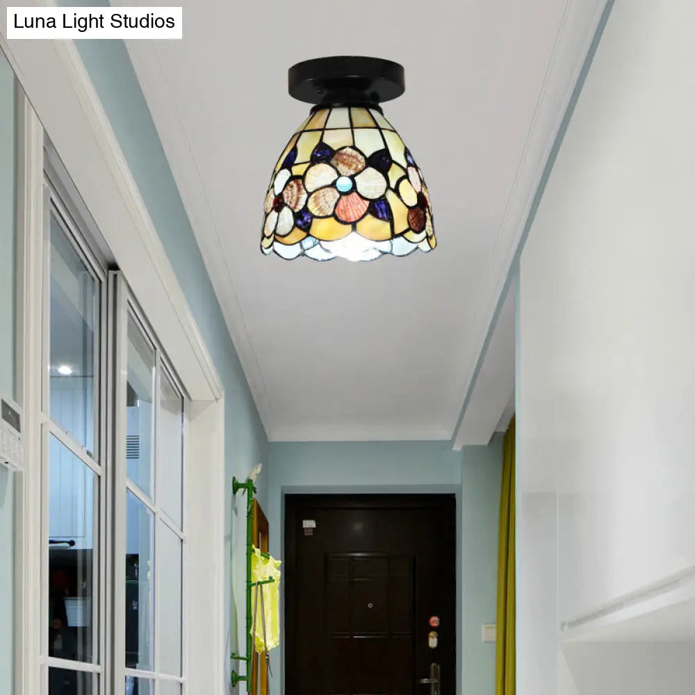 Stained Glass Flower Pattern Ceiling Light - Tiffany Style Flush Mount With 1 Bulb Black/Chrome