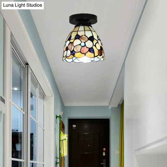 Stained Glass Flower Pattern Ceiling Light - Tiffany Style Flush Mount With 1 Bulb Black/Chrome
