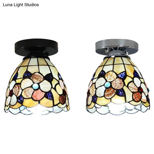 Stained Glass Flower Pattern Ceiling Light - Tiffany Style Flush Mount With 1 Bulb Black/Chrome