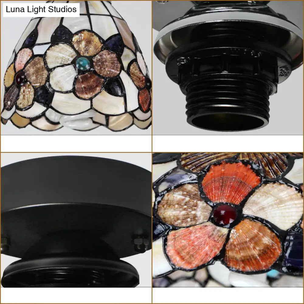 Stained Glass Flower Pattern Ceiling Light - Tiffany Style Flush Mount With 1 Bulb Black/Chrome