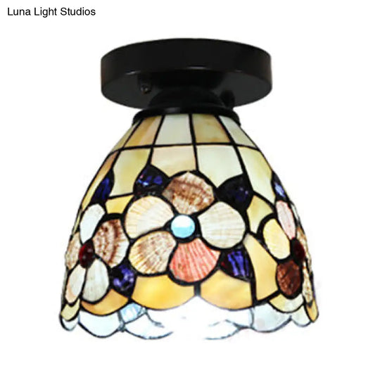 Stained Glass Flower Pattern Ceiling Light - Tiffany Style Flush Mount With 1 Bulb Black/Chrome