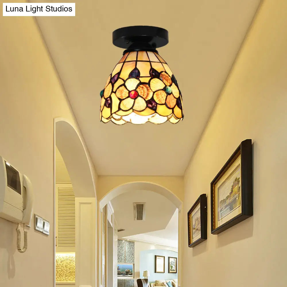 Stained Glass Flower Pattern Ceiling Light - Tiffany Style Flush Mount With 1 Bulb Black/Chrome