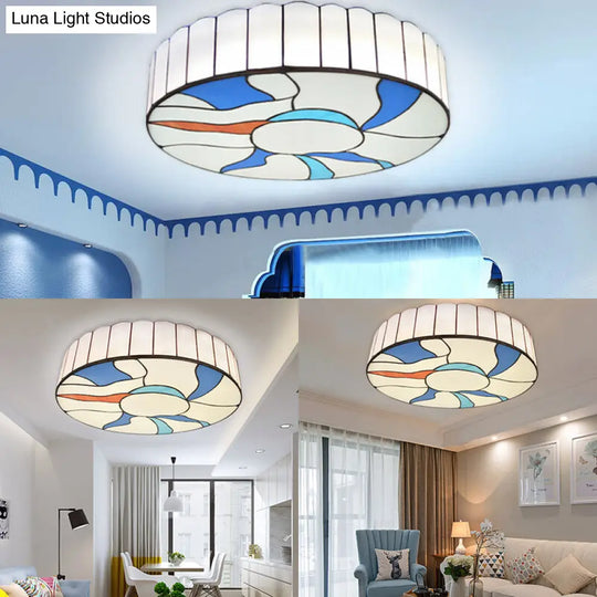Stained Glass Flush Mount Ceiling Light In Modern Style - 16/19.5 White Drum Shade For Living Room