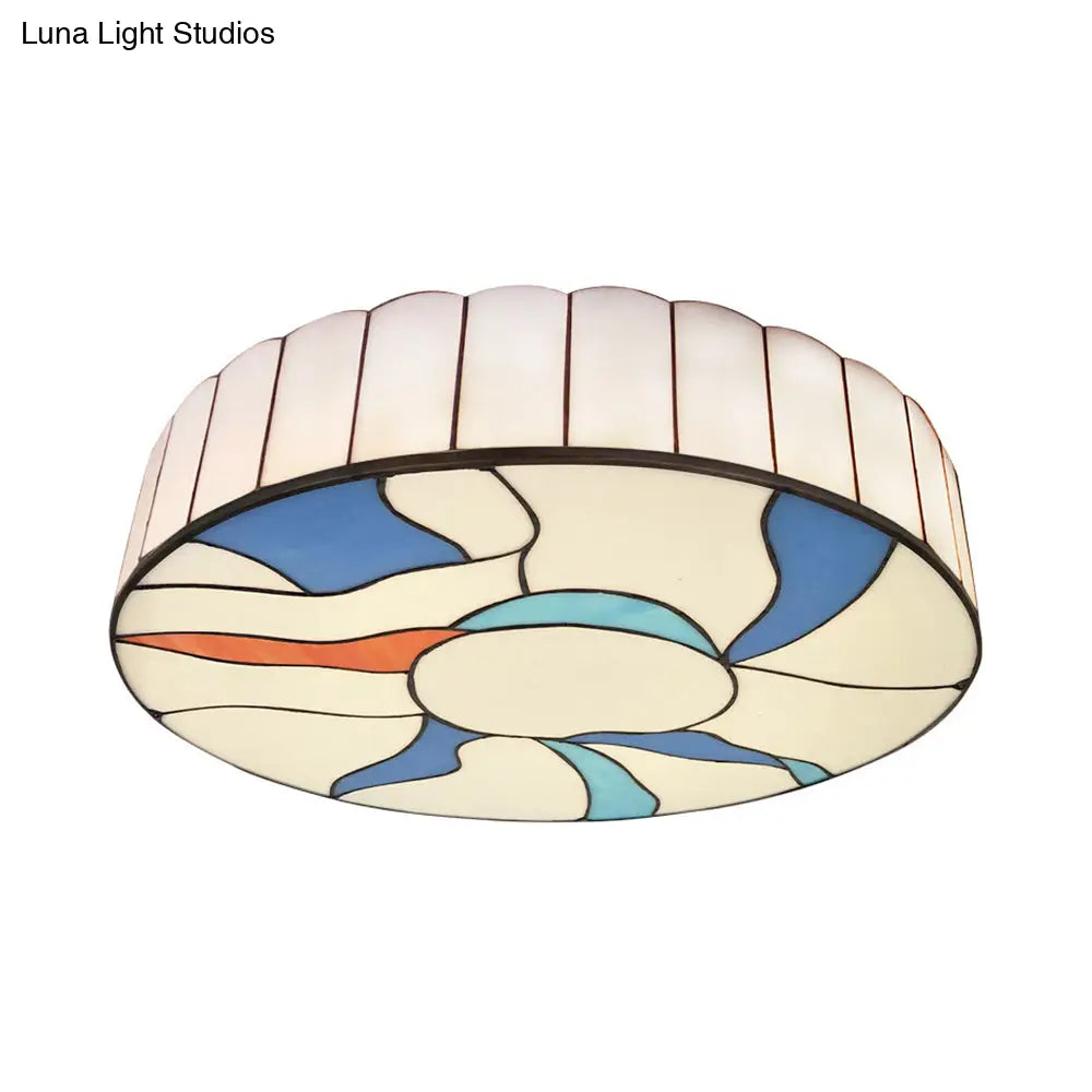 Stained Glass Flush Mount Ceiling Light In Modern Style - 16’/19.5’ White Drum Shade For Living Room