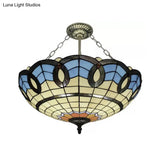 Stained Glass Inverted Ceiling Lamp - Tiffany Baroque Semi Flushmount Light In Beige/Yellow/Antique