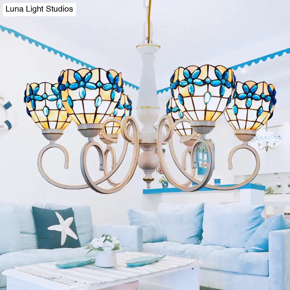 Lodge Domed Pendant Chandelier With Stained Glass And Floral Jewel Pattern (3/6/8 Lights Beige) 6 /