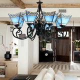 Stained Glass Nautical Chandelier With Pyramid Shade - Multi-Glass Living Room Lighting In Blue