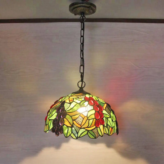 1Stained Glass Pendant Light Fixture With Decorative Dome Shade - Grape-Inspired Suspension