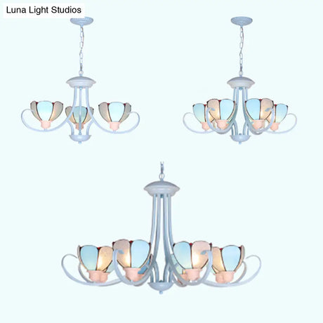 Stained Glass Petal Chandelier With Hanging Chain - Blue 3/6/8 Lights Modern Ceiling Light For Hall