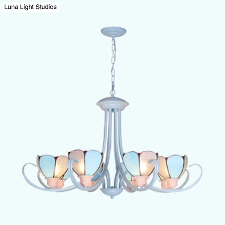 Stained Glass Petal Chandelier With Hanging Chain - Blue 3/6/8 Lights Modern Ceiling Light For Hall