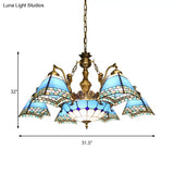 Stained Glass Pyramid Chandelier - 9-Light Mediterranean Fixture In Blue