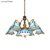 Stained Glass Pyramid Chandelier - 9-Light Mediterranean Fixture In Blue
