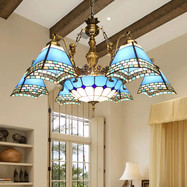 Stained Glass Pyramid Chandelier - 9-Light Mediterranean Fixture In Blue