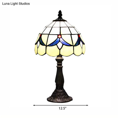 Stained Glass Rustic Floral Table Lamp With Dome Shade - Beige For Reading