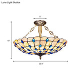 Stained Glass Semi Flush Ceiling Light With Jewel Decoration - Retro Style Yellow/Beige Various
