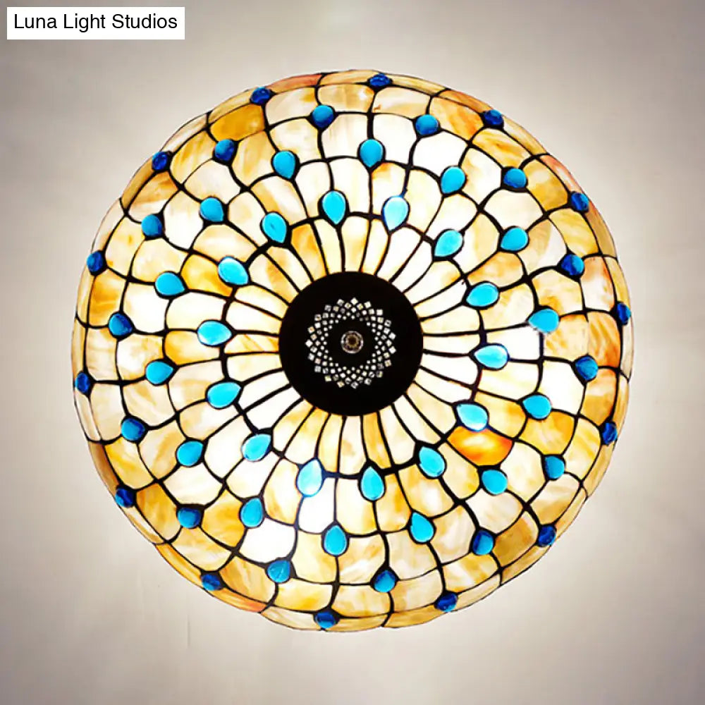 Stained Glass Semi Flush Ceiling Light With Jewel Decoration - Retro Style Yellow/Beige Various