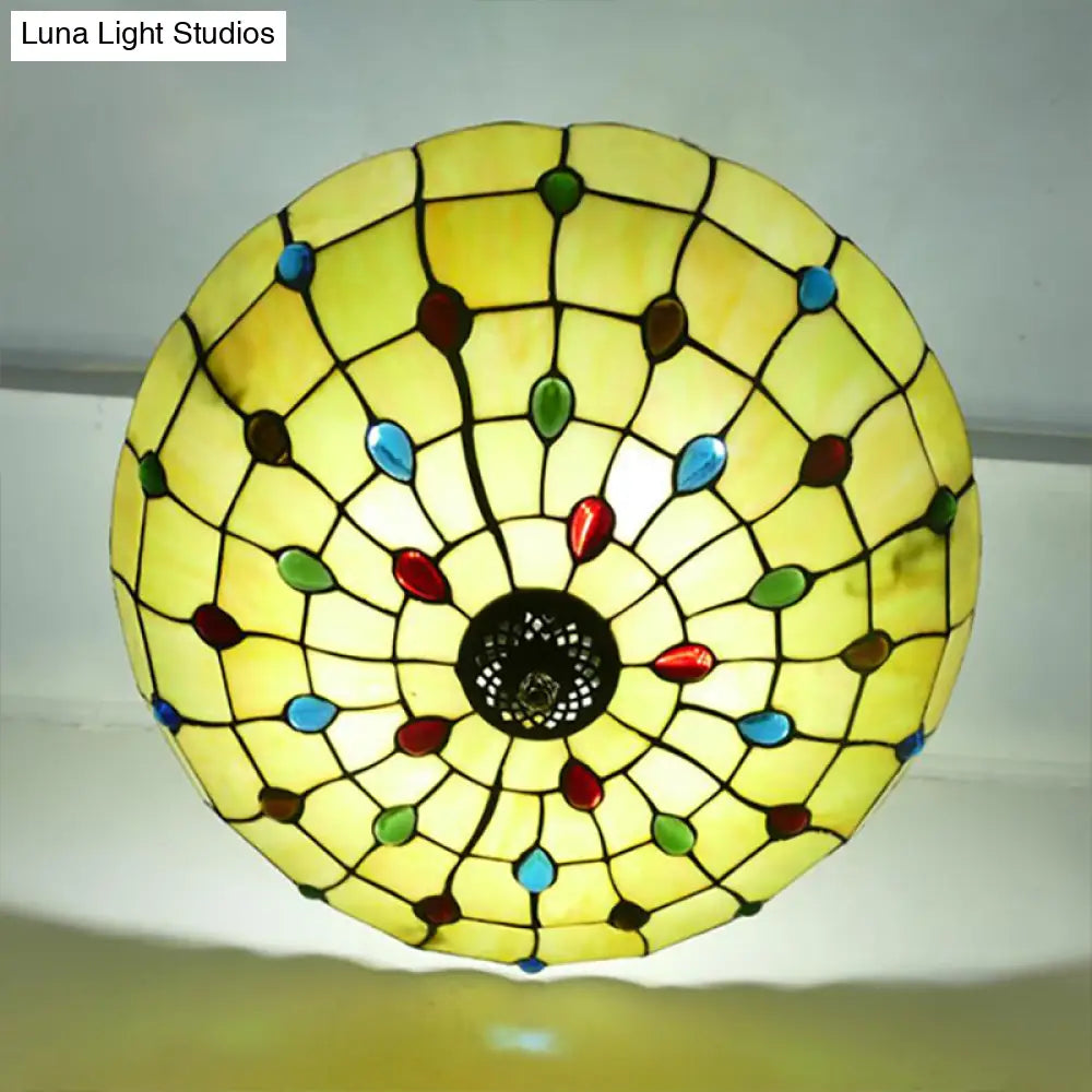 Stained Glass Semi Flush Ceiling Light With Jewel Decoration - Retro Style Yellow/Beige Various