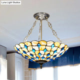 Stained Glass Semi Flush Ceiling Light With Jewel Decoration - Retro Style Yellow/Beige Various