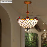 Stained Glass Semi Flushmount With Scalloped Inverted Design - 3 Lights For Traditional Living Room