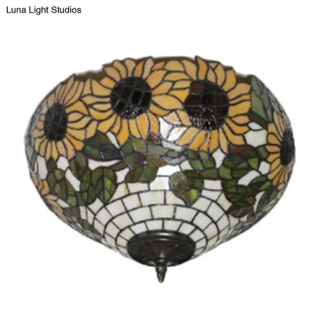 Stained Glass Sunflower Pattern Ceiling Light Fixture – Elegant Tiffany Style With 2 Flushmount