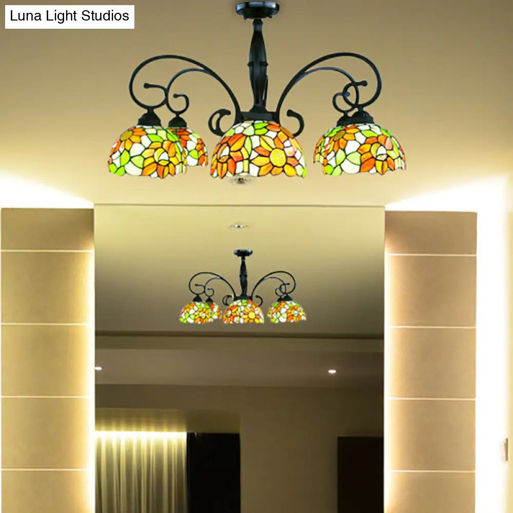 Stained Glass Tiffany Chandelier With Orange Sunflower - 3/6 Lights Rustic Pendant Light For Living