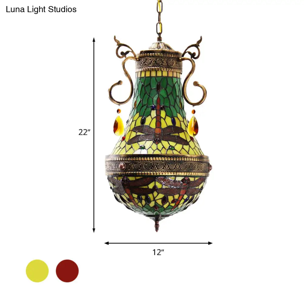 Stained Glass Tiffany Dragonfly Chandelier - 6 Lights In Red/Yellow/Green For Dining Room