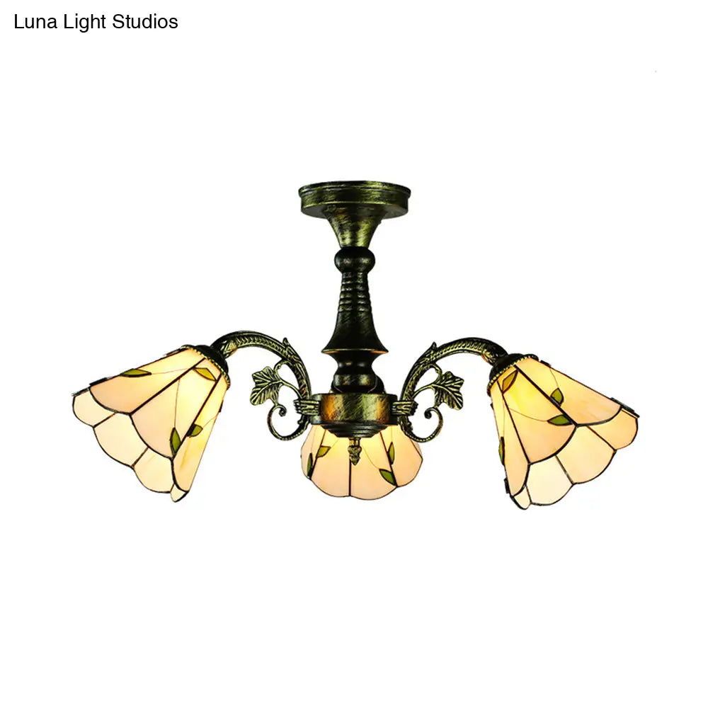 Stained Glass Tiffany Peacock Tail/Leaf/Flower Chandelier Light - Rustic Ceiling Fixture In Antique