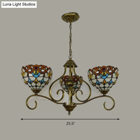 Stained Glass Tiffany Pendant Chandelier With Domed Shape - Antique Brass Finish 3/6/8 Lights