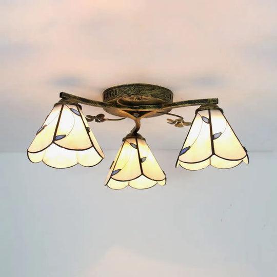 Stained Glass Tiffany Style Flushmount Light With 3 Lights - White/Clear/Blue/Beige Beige