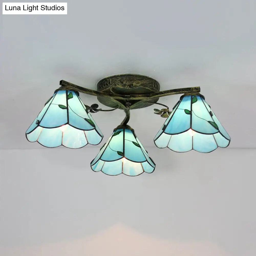 Stained Glass Tiffany Style Flushmount Light With 3 Lights - White/Clear/Blue/Beige Blue