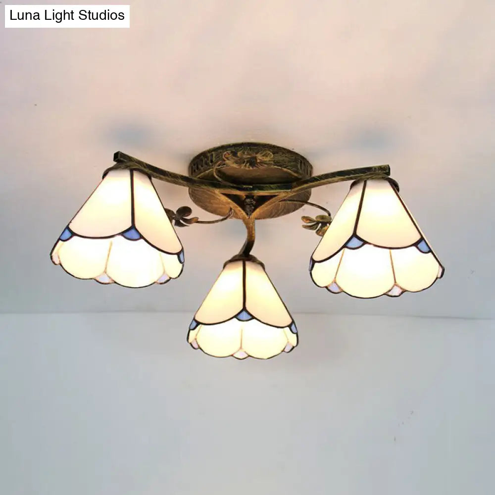 Stained Glass Tiffany Style Flushmount Light With 3 Lights - White/Clear/Blue/Beige White