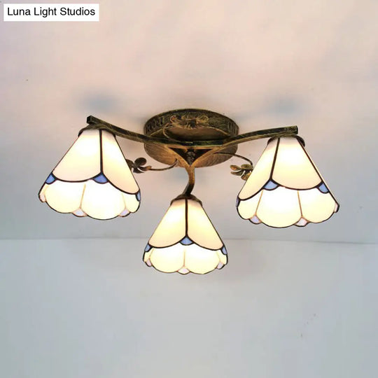 Stained Glass Tiffany Style Flushmount Light With 3 Lights - White/Clear/Blue/Beige White
