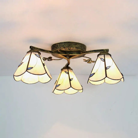 Stained Glass Tiffany Style Flushmount Light With 3 Lights - White/Clear/Blue/Beige Beige