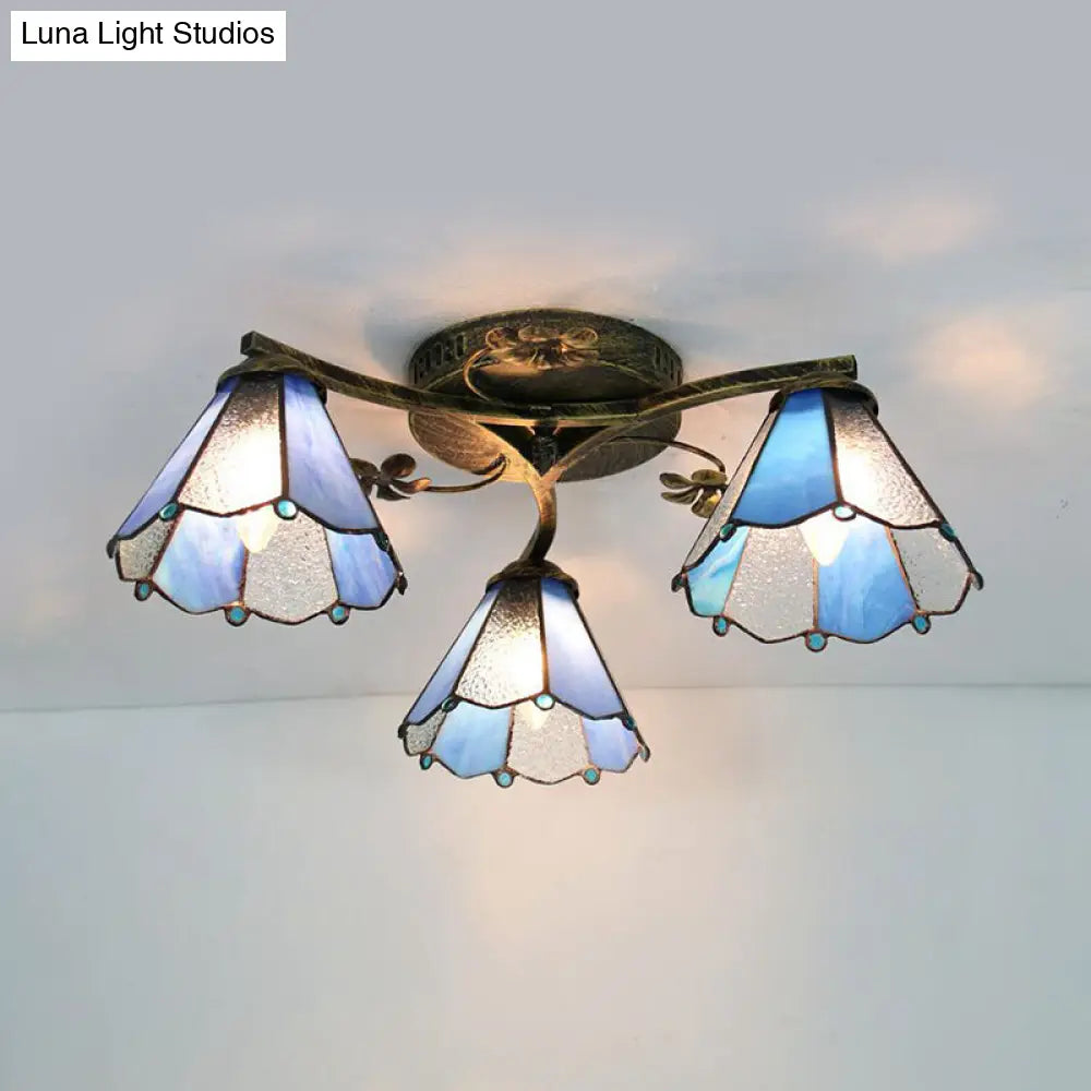 Stained Glass Tiffany Style Flushmount Light With 3 Lights - White/Clear/Blue/Beige Clear