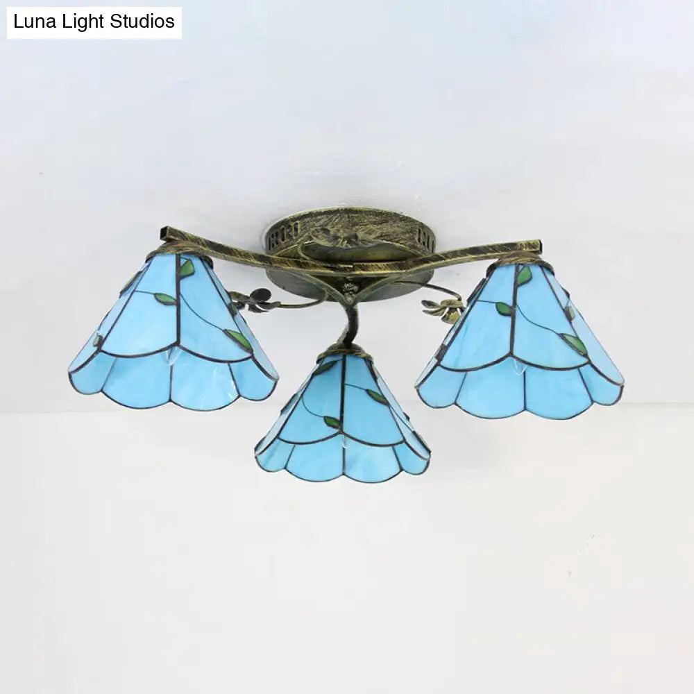 Stained Glass Tiffany Style Flushmount Light With 3 Lights - White/Clear/Blue/Beige