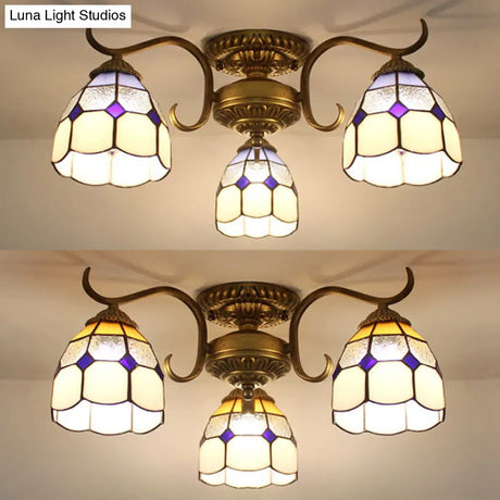 Stained Glass Vintage Ceiling Light - 3-Light Semi Flushmount In