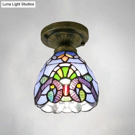 Stained Glass Vintage Dome Ceiling Light Fixture For Corridor - Semi Flush Includes 1 Bulb