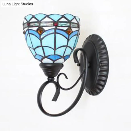 Stained Glass Wall Sconce With 1 Light In White/Brown/Blue For Corridor