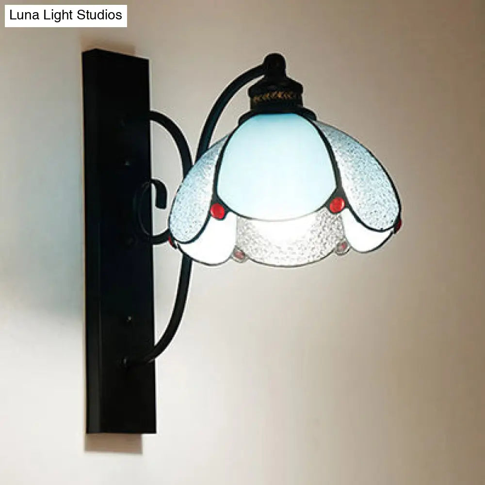 Stained Glass Wall Sconce With Scalloped Design And 3 Lights In White Clear Blue
