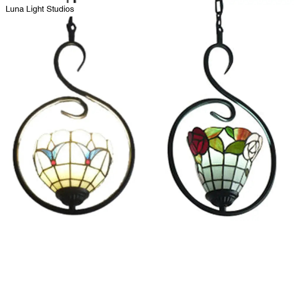Stainless Glass Bell/Dome Pendant Light Tiffany Style Beige/White Suspension Lamp For Foyer