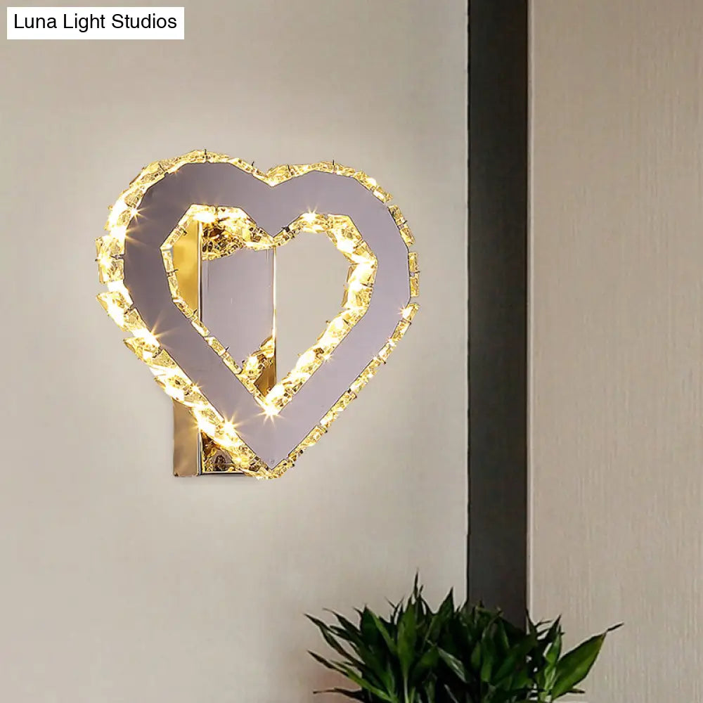Stainless-Steel Led Bedside Wall Sconce With Faceted Crystal Heart Design