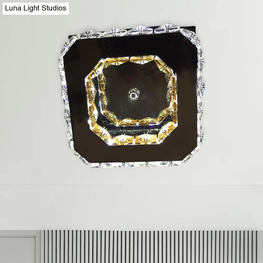Stainless-Steel Led Crystal Ceiling Light: Modern Square Flush Mount For Bedroom - Warm/White
