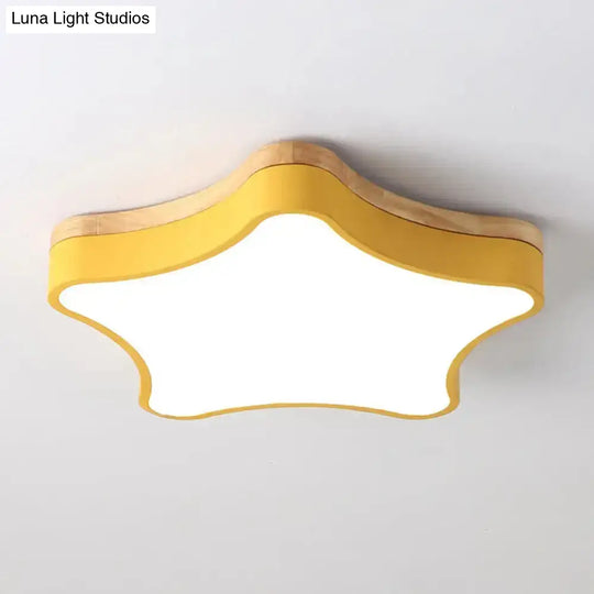 Star Girls Bedroom Led Flush Ceiling Light With Contemporary Acrylic And Wood Backplate Yellow /