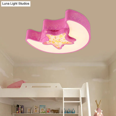 Starry Moon And Pentagram Led Ceiling Flush Lighting For Kids’ Bedroom - Acrylic Blue/Pink/White