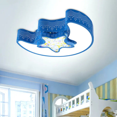 Starry Moon And Pentagram Led Ceiling Flush Lighting For Kids’ Bedroom - Acrylic Blue/Pink/White