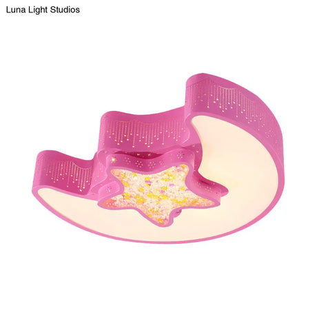 Starry Moon And Pentagram Led Ceiling Flush Lighting For Kids’ Bedroom - Acrylic Blue/Pink/White