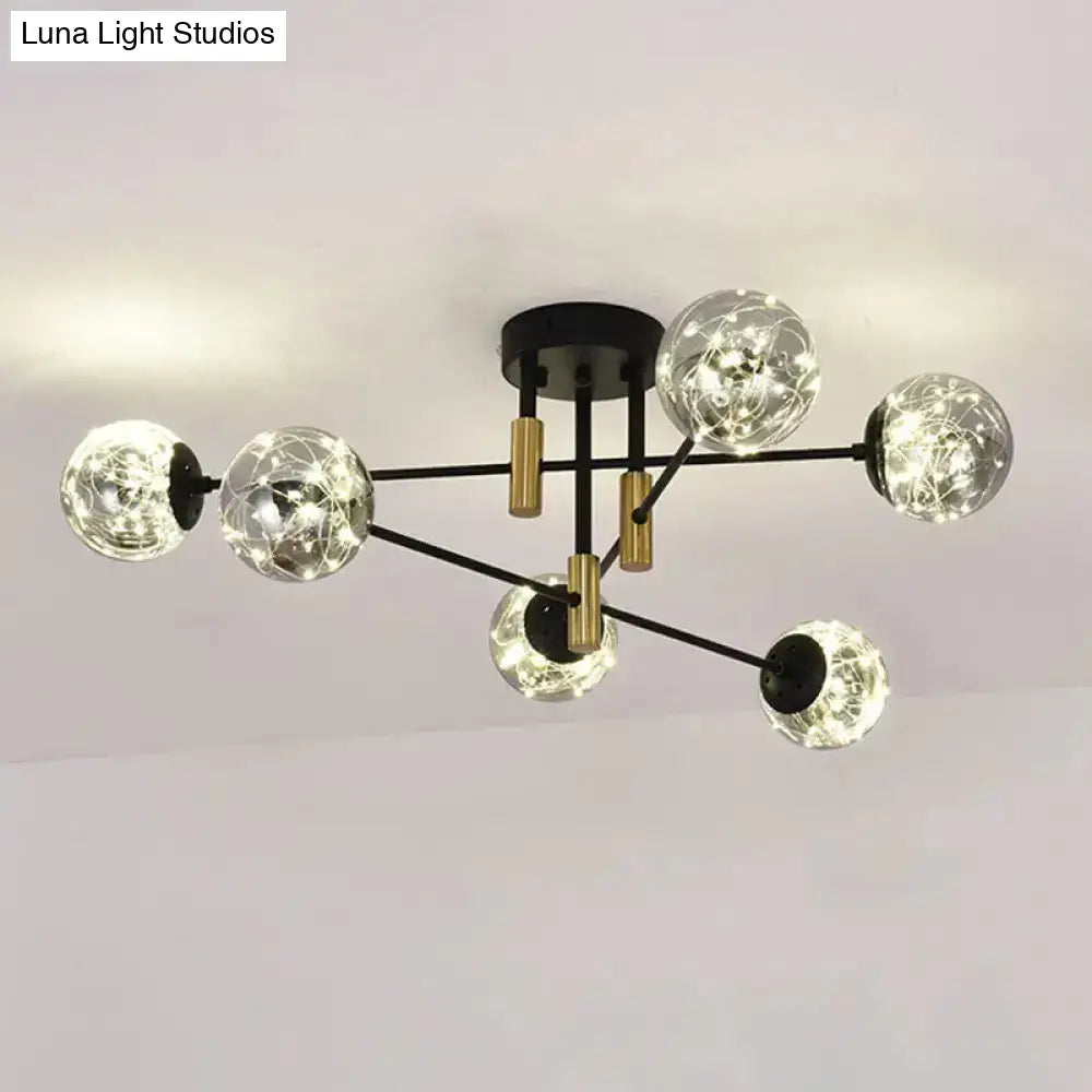 Starry Nordic Ball Semi Flush Light Fixture In Black Smoke Glass - Ideal For Living Room Ceiling